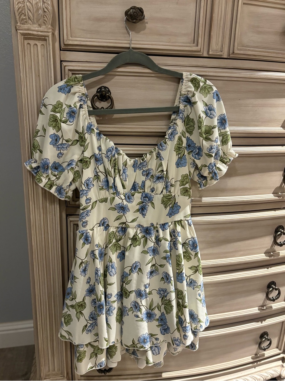 Blue Floral Puff Sleeve Cottagecore Milkmaid Skort Dress